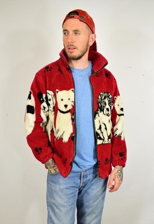 VINTAGE 90S RED DOG PUPPY PRINT FLEECE JACKET