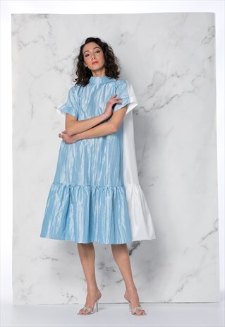 SKY BLUE AND WHITE TAFFETA MAXI DRESS WITH RUFFLE