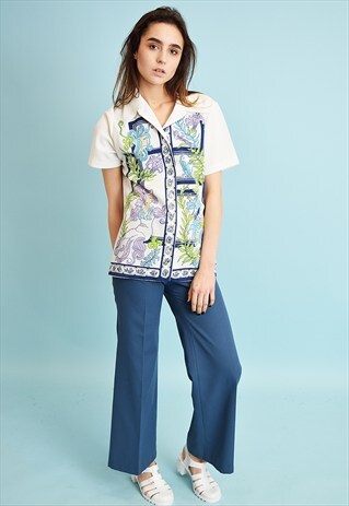 70'S RETRO MOD ABSTRACT FLORAL PRINT BLOUSE TOP