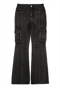 Boot cut jeans flap with belt pocket denim cargo pants black