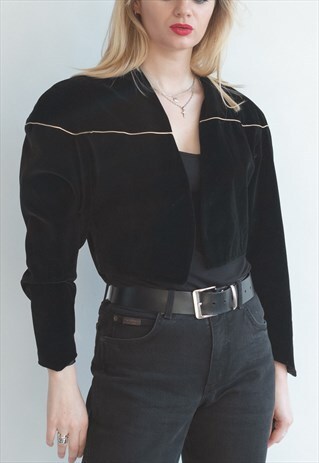 VINTAGE 70S BOLERO PUFFER SLEEVE JACKET IN BLACK VELVET