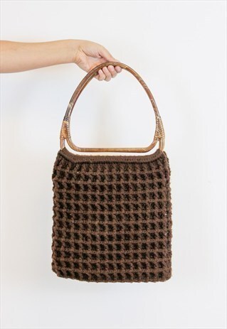 VINTAGE BOHO KNITTED WOOL SHOPPER WITH CANE HANDLES.