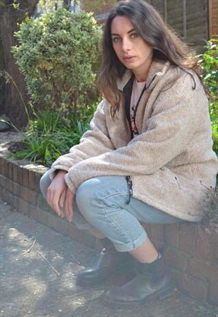 1990S VINTAGE LIGHT BROWN FULL ZIP TEDDY FLEECE JACKET