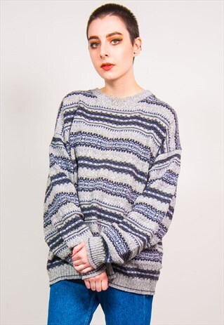 VINTAGE 90'S GREY FAIRISLE PATTERN OVERSIZED KNIT JUMPER