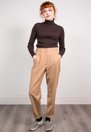 VINTAGE 90'S BEIGE SMART HIGH WAIST TAPERED TROUSERS