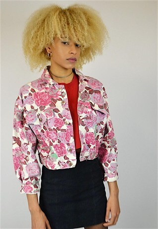 VINTAGE 90'S ROSE PRINT CROPPED DENIM JACKET