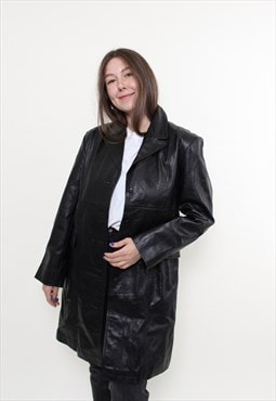 Vintage 90s leather trench coat, black leather jacket