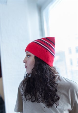 VINTAGE 70'S RED STRIPED BEANIE