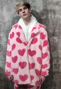 Heart fleece jacket handmade faux fur love trench coat pink