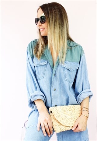 VINTAGE 80'S RETRO TWO TONE KHAKI DENIM SHIRT BLOUSE