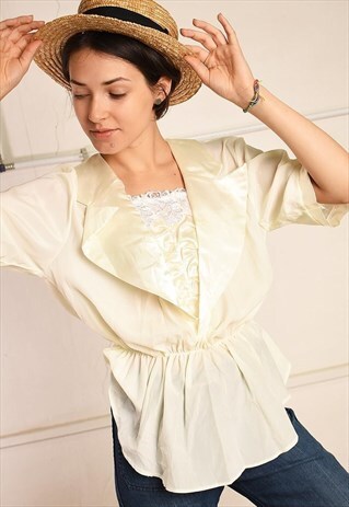 80'S RETRO CREAMY SHIMMER PARIS CHIC DRAPED BLOUSE TOP