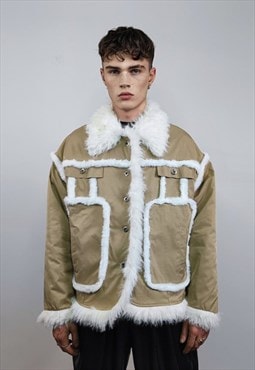 Luxury faux fur finish jacket contrast coat hiking style
