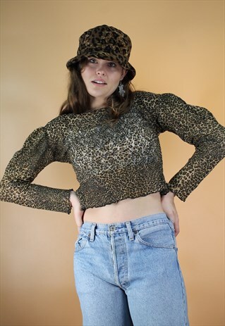 VINTAGE 90S Y2K LEOPARD MESH SHEER ANIMAL PRINT CROP TOP