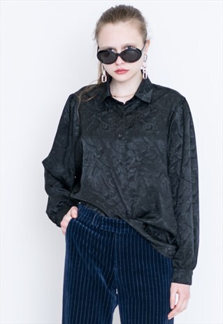 VINTAGE BLACK FLORAL LONG SLEEVE RETRO SHIRT