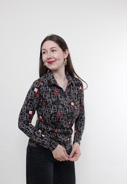 Vintage 90s abstract blouse, office button up blouse dark 