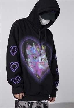 Holographic heart hoodie inner fleece abstract y2k pullover