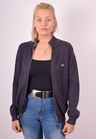 LACOSTE WOMENS VINTAGE CARDIGAN SWEATER LARGE NAVY BLUE 90S