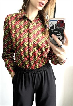 Retro Printed Moss Green Red Cute Blouse 