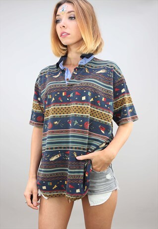 VINTAGE OVERSIZED GOLF FLAG PATTERNED FESTIVAL POLO T-SHIRT
