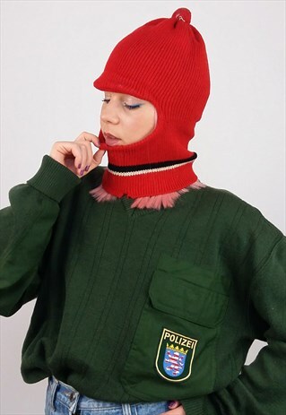VINTAGE 80'S WINTER KNIT HAT / SKI-MASK RED WOOL