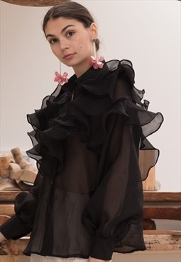 Multi Layer ruffles design sheer organza shirt in Black