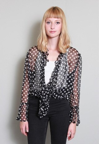 VINTAGE 1980'S BLACK AND WHITE SPOTTED CHIFFON SHEER TOP