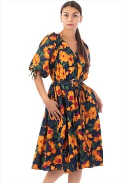 Oversized puff sleeve midi dress in Yellow Floral Print