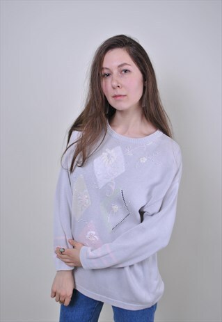 80S RETRO FLORAL SWEATER, VINTAGE WHITE FLOWERS EMBROIDERY
