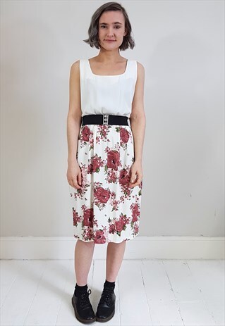 VINTAGE 80'S CREAM VEST AND DEEP PINK FLORAL SKIRT DRESS