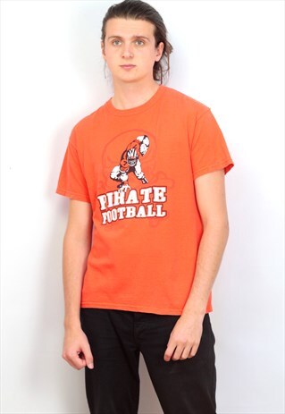 VINTAGE ORANGE GRAPHIC PIRATE FOOTBALL PRINT T-SHIRT
