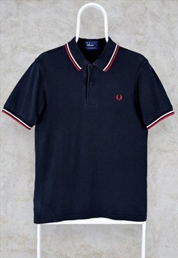 Fred Perry Polo Shirt Cotton Pique Navy Blue Tipped Small