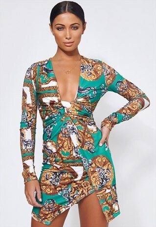 GREEN SCARF PRINT TWIST FRONT MINI DRESS