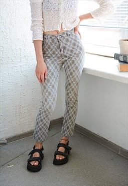 Vintage Grey Patterned Slim Fit Stretchy Trousers