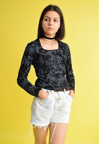 90'S RETRO KITSCH ROSE PATTERN GRUNGE SHEER MESH TOP
