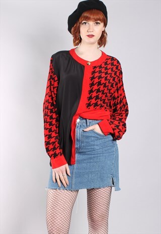 VINTAGE 80S DOGTOOTH CHECK PATTERNED BLOUSE TOP