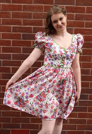 VINTAGE 80'S WHITE PINK & GREEN FLORAL PRINT MINI DRESS