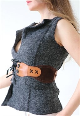 Medieval Style Fairy Sleeveless Vest Gilet Leather Belt Grey