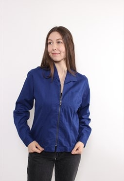 90s utility cotton zip up shirt, vintage blue color crop top