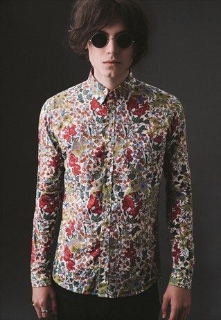 MENS WHITE 1966 FLORAL BUTTON DOWN SHIRT