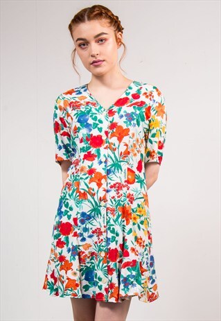 90'S VINTAGE BRIGHT FLORAL PATTERN SUMMER MINI DRESS