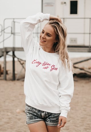 'LONG TIME NO SEA' WOMENS SLOGAN SWEATSHIRT IN WHITE & RED