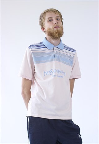 VINTAGE MENS YSL STRIPED BIG LOGO POLO SHIRT TOP