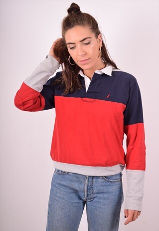 NAUTICA WOMENS VINTAGE RUGBY POLO SHIRT LONG SLEEVE LARGE MU