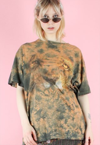 VINTAGE 90S T-SHIRT OVERSIZED LION BROWN TIE DYE
