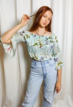 Vintage Guess Mint Floral Bell Sleeve Crop Top (Up to a 12/1