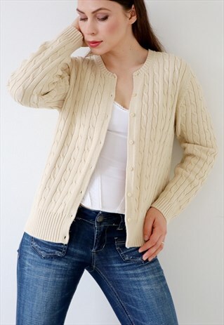 VINTAGE CARDIGAN CHUNKY CABLE KNIT 90S BUTTON DOWN BEIGE