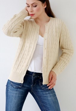 Vintage Cardigan Chunky Cable Knit 90s Button Down Beige