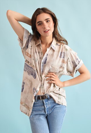 90'S RETRO FESTIVAL ABSTRACT PRINT OVERSIZED DADS BLOUSE TOP