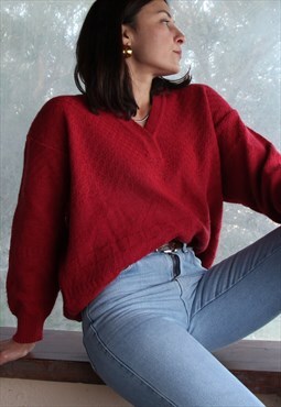 Vintage red jacquard knit wool blend v neck pullover,sweater