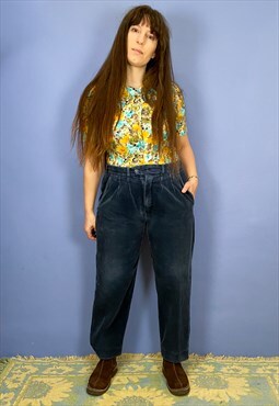 VINTAGE 90's Dark Blue Cord High Waisted Trousers - M